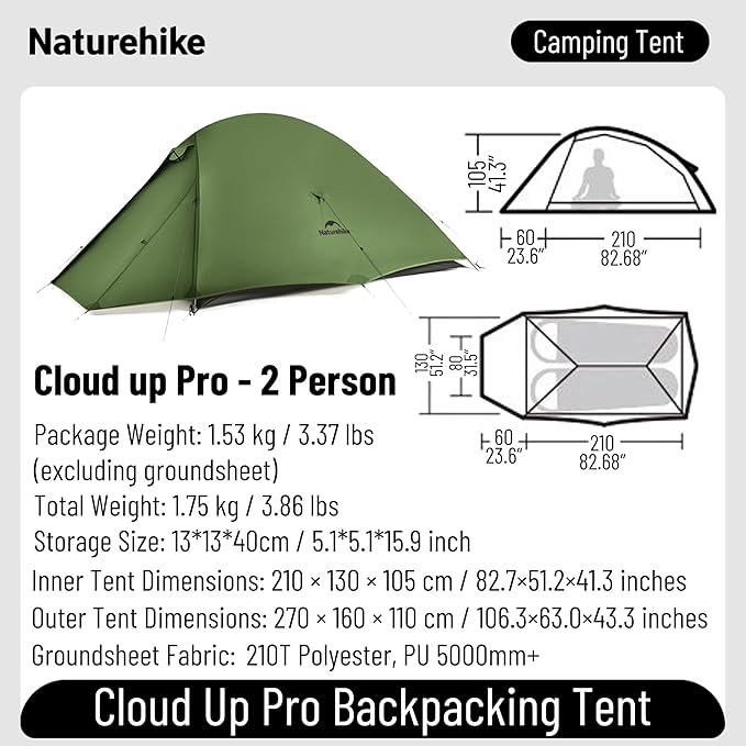 Naturehike Cloud up Pro Camping Tent, 1/2/3 Person Ultralight Tents, 3 Season Backpacking Tent, Waterproof for One Man, Self-Standing Easy Setup for Cycling, Outdoor Camp