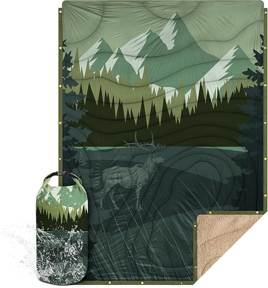 Outdoor Camping Blanket with Sherpa Lining, Extra Warm Thick Camp Blankets and Puffy Ultralight Soft Poncho DWR Camping Quilt for Cold Weather, Adventure, Sleeping, Backpacking 78"x 56"