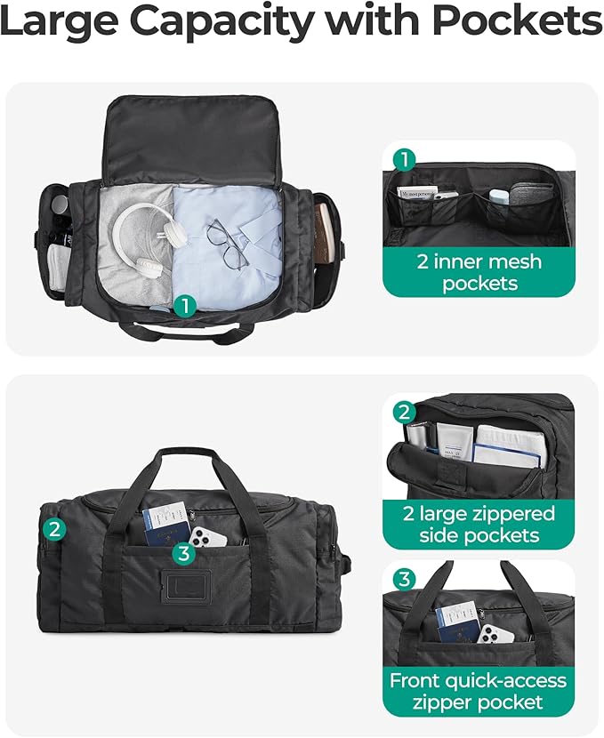 BAGSAMRT 60L Foldable Duffle Bag for Travel, Large Travel Duffel Bag for Men, 4 in 1 Travel Backpack, Carry on Weekender Bag, Army Green