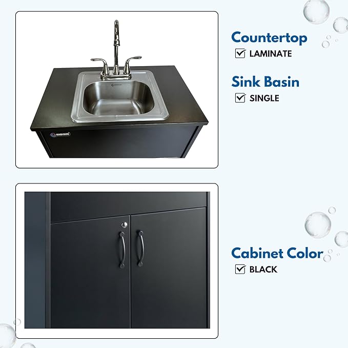 Ozark River Portable Sinks Essential Series, Black Laminate Countertop-Black Cabinet-Stainless Basin, Mobile Hot Water Hand Washing with Water Tanks,110v Portable Handwashing Sink