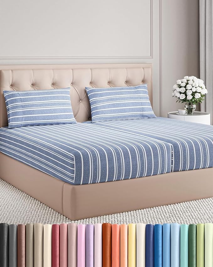 Split King Size 5 Piece Sheet Set - Comfy Breathable & Cooling Bed Sheets Set - Hotel Luxury Bedding for Women, Men, Kids, Teens, Boys & Girls - Deep Pockets & Wrinkle Free - Oeko-Tex - Blue Stripes 3