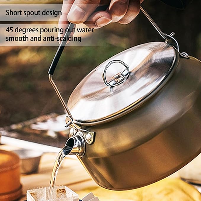 Camping Kettle Outdoor Campfire Camp Kettle, 1L Stainless Steel camping tea kettle Coffee Pot, Portable Lightweight Teapot Fast Heating Boiling Water, Ideal for Hiking Picnic Travel, Silver