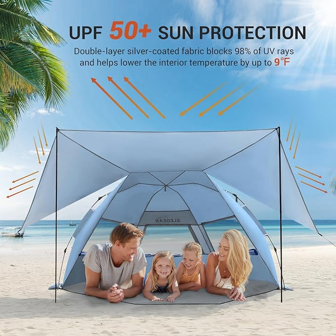 Elegear CumbreX™ Beach Tent with 360° Removable Canopy, 4-6 Person Pop Up Sun Shade Shelter, UPF 50+ Automated Installation Double Silver Coating Portable Lightweight Beach Cabana for Beach/Outdoor