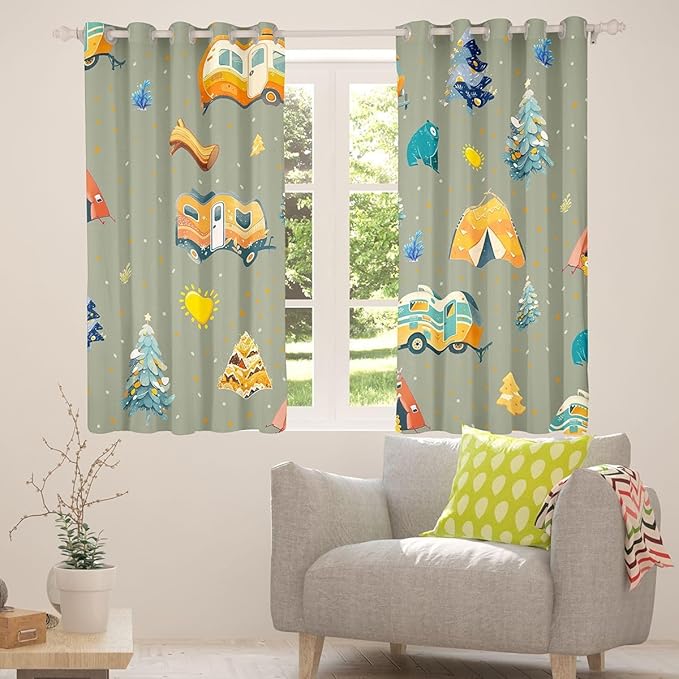 Feelyou Camping Camper Curtains for Bedroom Living Room Adventure Camper Blackout Shades Happy Camping Room Darkening Curtain Window Treatments, 2 Panels 52 x 63 Inch Decor