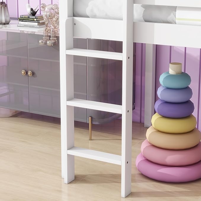 KEIKI Twin Loft Bed with Slide, Ladder, Rubber Wood Frame, Underbed Play Area & Storage, White
