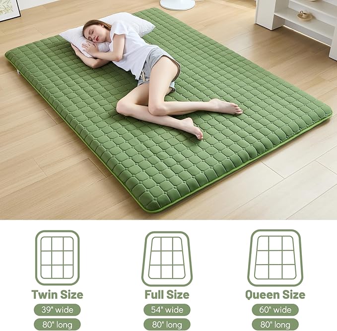 Japanese Floor Mattress Twin, Anti-Slip Japanese Futon Roll Up Tatami Mat for Guests, Green