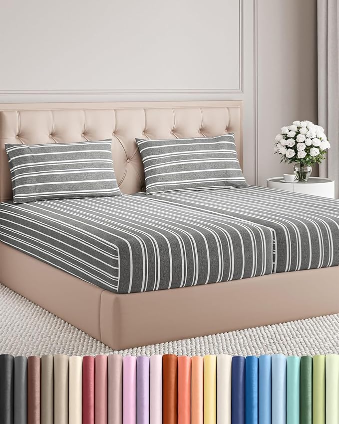 Split King Size 5 Piece Sheet Set - Comfy Breathable & Cooling Bed Sheets Set - Hotel Luxury Bedding for Women, Men, Kids, Teens, Boys & Girls - Deep Pockets & Wrinkle Free - Oeko-Tex - Grey Stripes 3