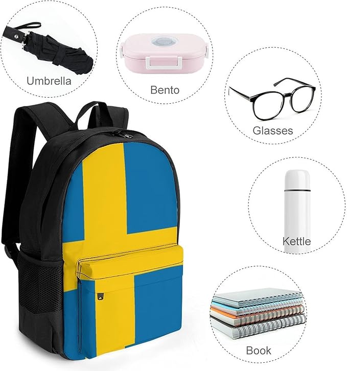 Daypack Bookbag Multipurpose Anti-Theft Big Capacity Carry On Bag, Sweden Flag Travel Hiking Camping Rucksack With Padded Straps