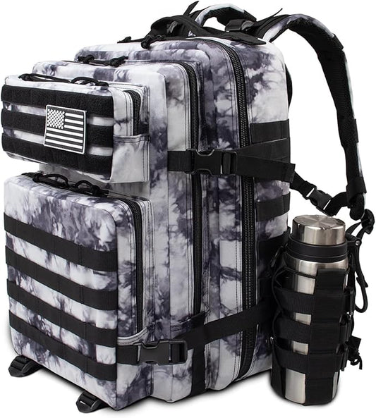 45L Large Tactical Military Backpack for Women and Men, Assault Pack Army 3 Day Molle Bug Out Bag with Adjustable Water Bottle Holder, Gym EDC Daypack Rucksack for Camping Motorcycle, Balck White Camo