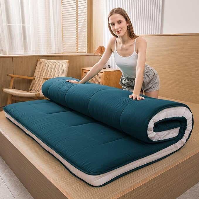 MAXYOYO Cot Mattress Floor Futon, Narrow Twin Single Bed Mattress for Adults, Foldable Roll Up Floor Bed for Kids, Bluestone Camping Cot