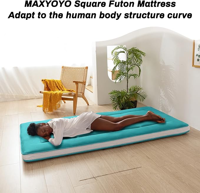 MAXYOYO Twin Bed Mattress Japanese Floor Futon Mattress, Twin Tatami Pad Camping Floor Bed Topper, Easy to Foldable and Portable, Turquoise Futon Single Mat