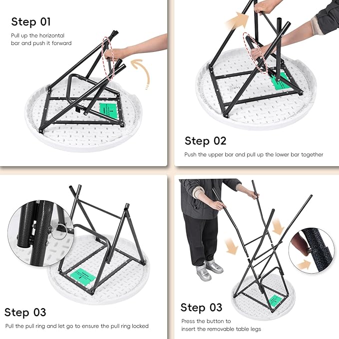 Cocktail Table 28in Portable Folding Bar Height Table, Compact Round High Top Plastic & Steel Bistro with Removable Legs, for Indoor Outdoor RV Patio Catering Parties Commercial Events-1pc