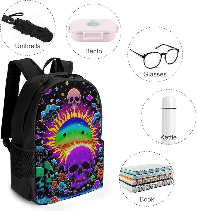Supdreamc Rucksack Polyester Anti-Theft Multipurpose Psychedelic Skull Sun And Moon Neon Art Carry On Bag Large Capacity Travel and Sport Backpack Rucksack With Smooth Zippers