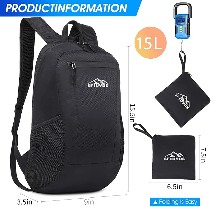 Lightweight Hiking Backpack Small,Waterproof Hiking Daypack,Foldable Backpack for Travel,Ultralight Daypack(Nylon, Black)