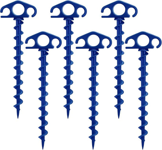 Tent Stakes Ground Anchors Screw in, 6 Pack Sand Stakes for Beach 9.4 Inch Heavy Duty Spiral Tent Pegs for Camping, Party, Hiking, Outdoor Decoration (6, Blue)