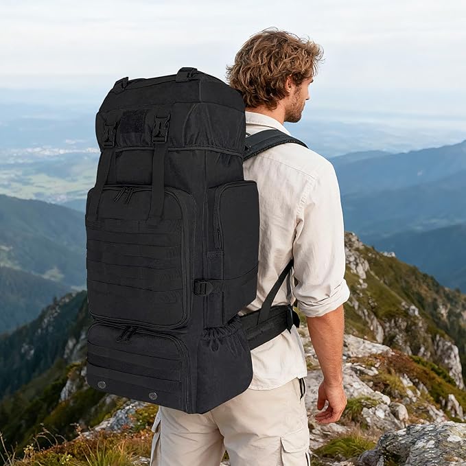 70L Hiking Backpack for Men Women Camping bag with Shoe Compartment Large Military Tactical Backpack, MOLLE Rucksack Sport Travel Backpacking Daypack (Black)