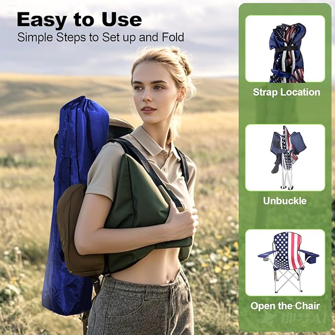 Folding Camping Chairs Durable 600D Oxford, Portable Outdoor Chair with Cooler Pouch, Cup Holder & Storage Pocket for Camping, Beach, Fishing