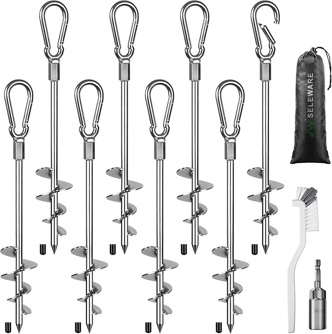 SELEWARE 18 Inch Ground Anchors Screw in, Heavy Duty Trampoline Stakes, Tent Stakes, High Wind Wider Spiral Earth Anchors for Trampolines, Camping Tent, Sheds, Carports, Securing Animals, Swing Sets