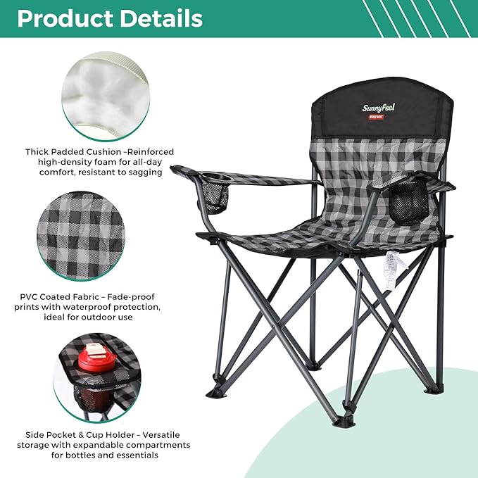 SUNNYFEEL Oversized Folding Camping Chair 2 Pack 800 LBS Heavy Duty for Big Tall People Red Padded Portable Collapsible Chairs with Armrest Cup Holder & Pocket for Outdoor Travel Picnic Camp Sports