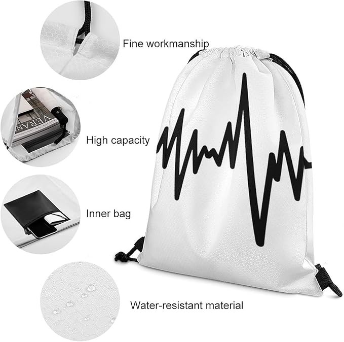 Drawstring Backpack Gym Sackpack Lightweight Waterproof String Bag for Sports Travel Yoga Beach Swimming, Men Women Unisex, Music Notes Heartbeat Bags