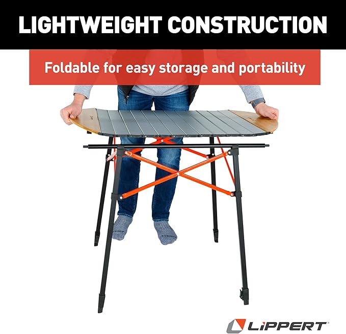 Lippert Bamboo/Hammer Grey Roll Top Camping Table with Powder-Coated Aluminum Top/Frame, Durable Bamboo Edges, Foldable Design, Adjustable Legs, Lightweight Construction - 2023053727