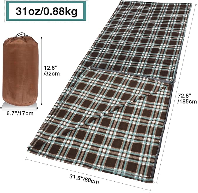 REDCAMP Fleece Sleeping Bag Liner Thicker for Adult Warm or Cold Weather, 73" Long Full Sized Zipper Camping Blanket for Outdoor Indoor Used with Sack, Brown
