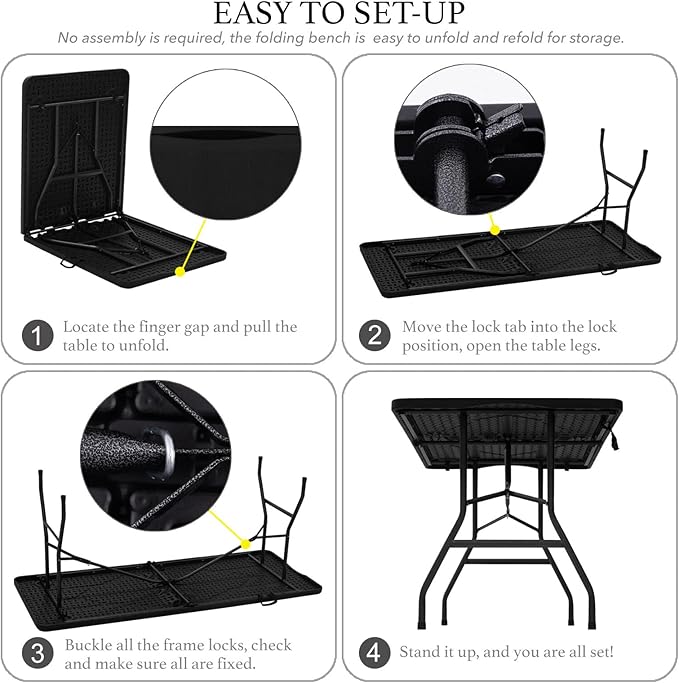 AJP Distributors 6 Foot Portable Plastic Folding Table 6FT 72" Half Foldable Heavy Duty Top w/Carry Handle - Indoor Outdoor Camping Picnic Party Wedding Dining Office Event Meeting Black Wood Style