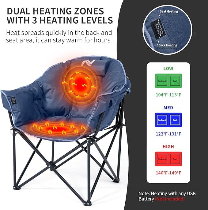 Oversized Heated Camping Chair, 3 Heating Levels Soft Padded Camp Chairs with Pillow and Storage Bag, Portable Folding Outdoor Heated Moon Chair for Camping Lawn Patio Beach and Picnics