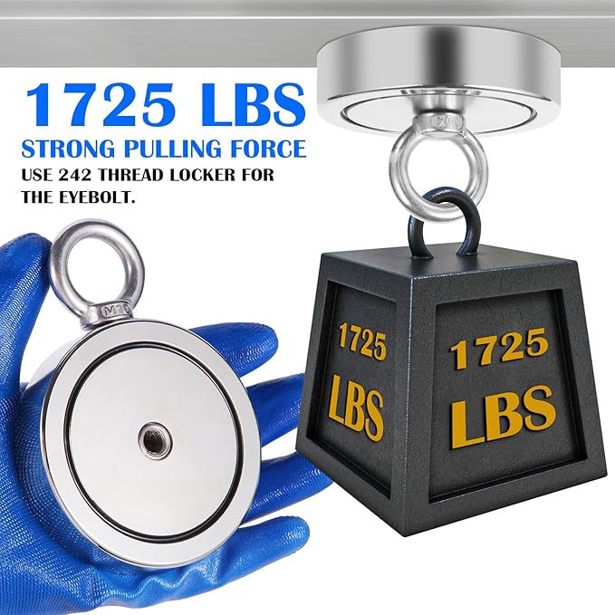 VNDUEEY 1725 Lbs Complete Magnet Fishing Kit, Fishing Magnet Kit with Carry Case, Heavy Duty 65FT Rope, Grappling Hook, Gloves & Locking Carabiner - Strong Magnets for Treasure Hunting