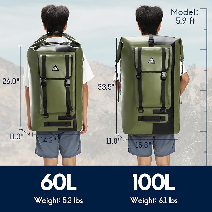 Haimont Waterproof Dry Backpack IPX7 Roll-top Dry Large Marine Dry Bag for Men Kayaking Rafting, 100L, Army Green/Black