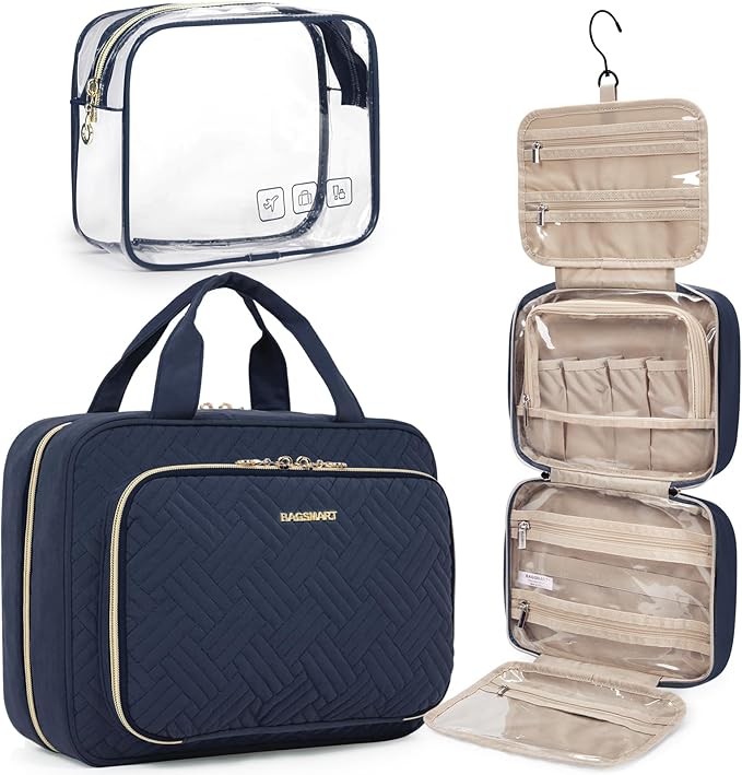 BAGSMART Toiletry Bag Hanging Travel Makeup Organizer with TSA Approved Transparent Cosmetic Bag Makeup Bag for Full Sized Toiletries, Medium-Navy