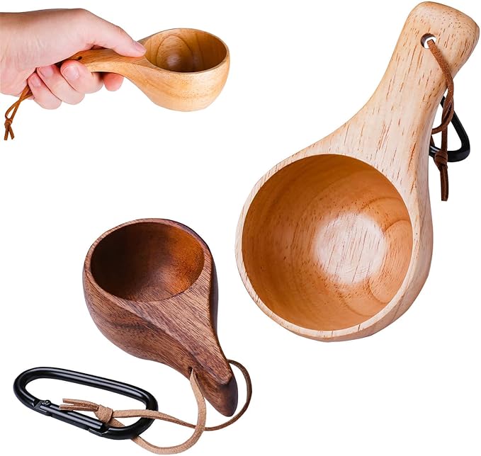 Kuksa Camping Mug Wooden Bushcraft Handcarved Cup, Nordic Style Coffee & Hiking Kuksa, 2 Pack Small & Mini Size, 3.3 oz. & 1 oz.