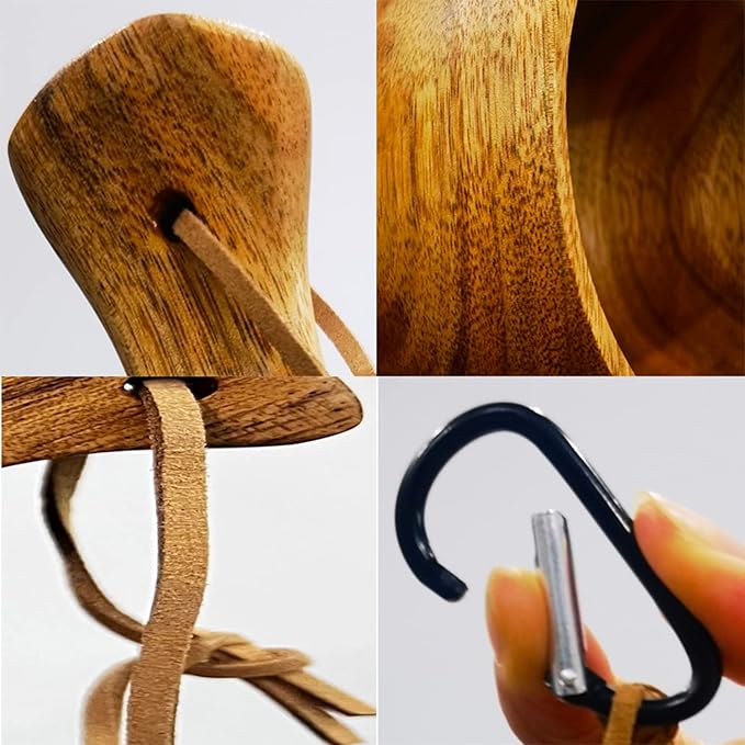 Sanrich Wooden Mug Kuksa Handcrafted Wood Camp Mug Survival Wood Cup Camping Cups & Mugs with Carabiner Leather Lanyard For Drinking Tea Coffee (8 ounces-tortoiseshell-no handle hole)