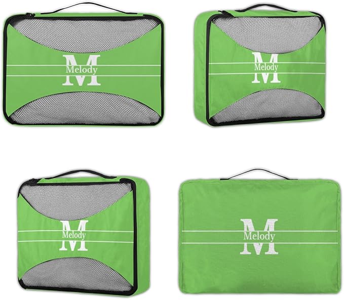 Personalized Packing Cubes, Set of 4 with Zipper Handles for Women Boys, Custom Name Travel Suitcases Luggage Packing Organizers, Lime Green Background with Initial