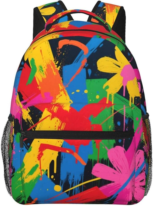 Men Women Polyester Paint Splatter Colorful Daypack Bookbag Big Capacity Shoulder Bag With Padded Straps for Climbing Travel Walking Cycling