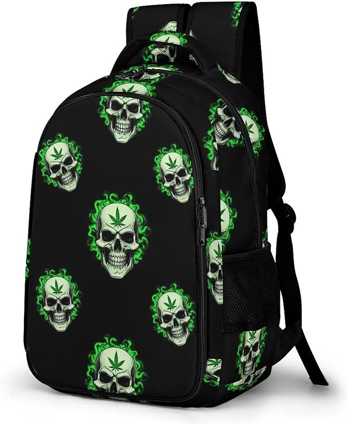 Nurse Teacher Laptop Backpack Skull WeedLeaf Leaves Green Black, Cute Travel Backpack Purse with Tumbler Holder for Women College Work Commute