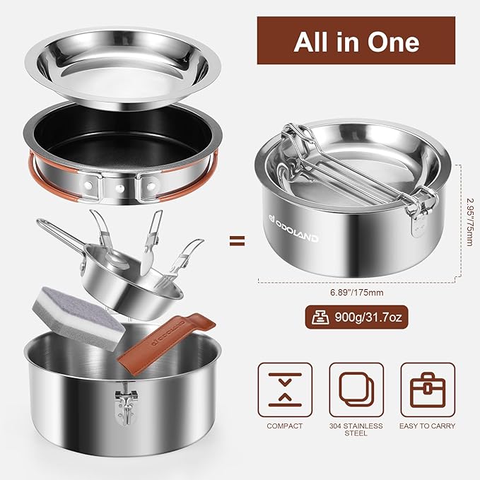 Odoland 10pcs Camping Cookware Stainless Steel Camping Pot and Pan Set with Plate Bowl Fork Knife Spoon for Backpacking, Hiking, Outdoor Cooking and Picnic