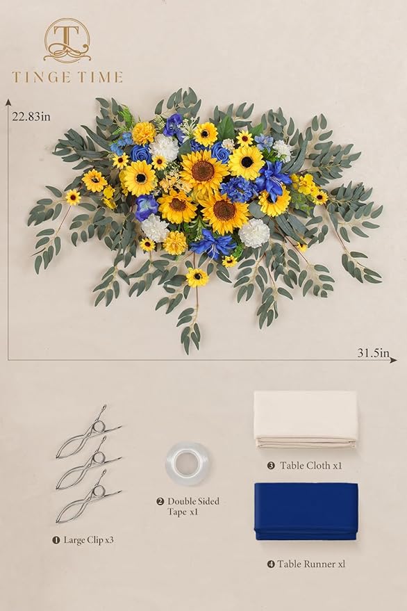 TINGE TIME Artificial Sweetheart Flower Swag with Tablecloth and Table Runner, Pack of 3 Floral Arrangement for Wedding Sweetheart Table Centerpiece Decoration Valentine's Day (Sunflower&RoyalBlue)