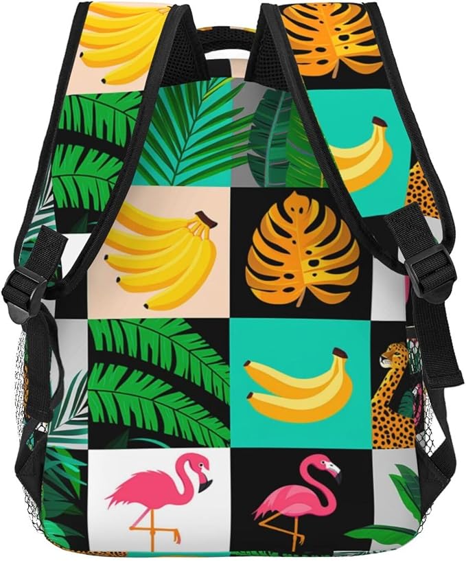 Daypack Backpack Anti-Theft Multipurpose Large Capacity Carry On Bag, Banana Palm Leaf Leopard Flamingo Stripe Traveling Camping Backpack With Side Pockets