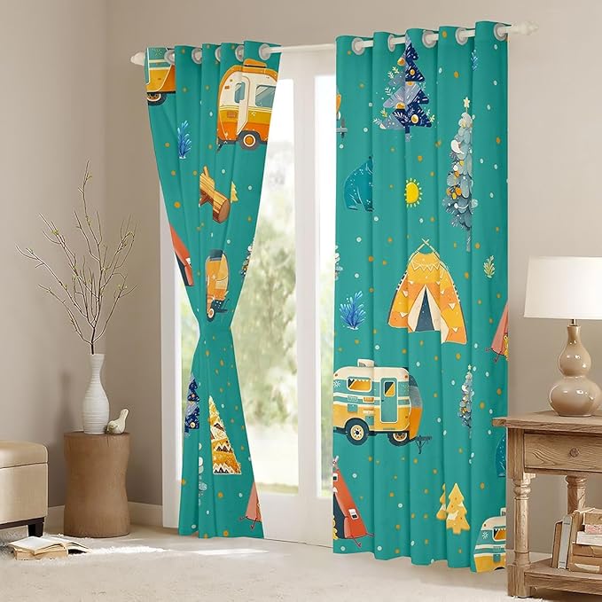 Feelyou Green RV Camping Camper Curtains for Bedroom Living Room Adventure Camper Blackout Shades Happy Camping Room Darkening Curtain Window Treatments, 2 Panels 52 x 84 Inch Decor