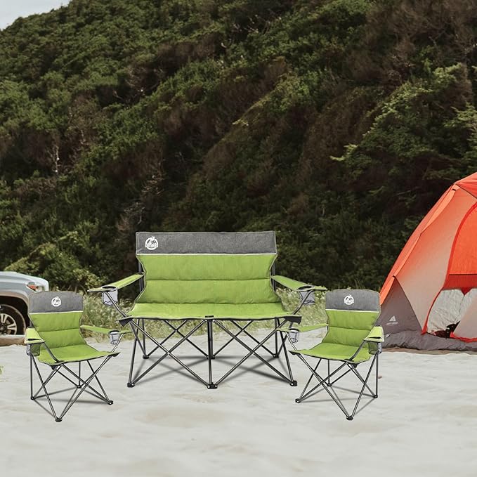Northroad Outdoor Camping Chair Set of 3,Folding Padded Camp Chair,Collapsible Conversation Set w/1 Sofa,2 Single Chairs for Family Patio,Beach (Green)