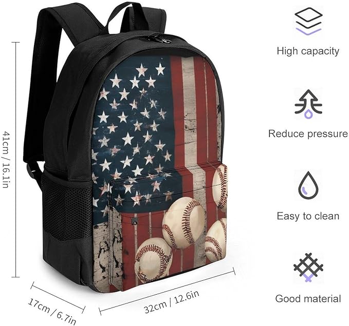 Supdreamc Adults Lightweight Vintage Patriotic Usa American Flag Baseball Print Rucksacks Large Capacity Bookbag With Adjustable Shoulder Straps for Trekking Outdoors Bicycle