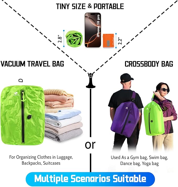 Zurligi Travel Vacuum Bags with Shoulder Strap & Mini Pump – IPX8 Waterproof Vacuum Seal Reusable 39L Carry-On Compression Bags for Clothes, Suitcase & Luggage(2-Pack, Green)