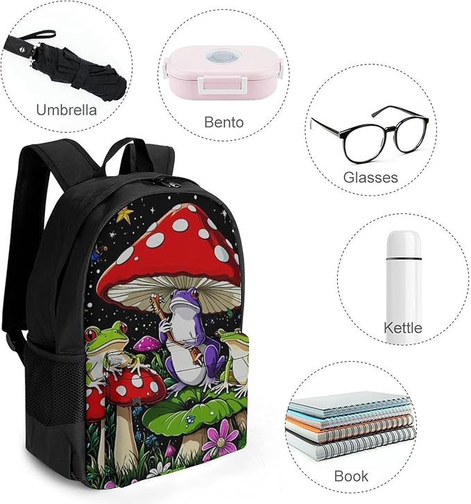 Polyester Daypack Backpack for Trekking Picnic Walking Cycling, Large Capacity Anti-Theft Multipurpose Shoulder Bag, Psychedelic Mushroom Trippy Magic Frog Art Casual Daypack