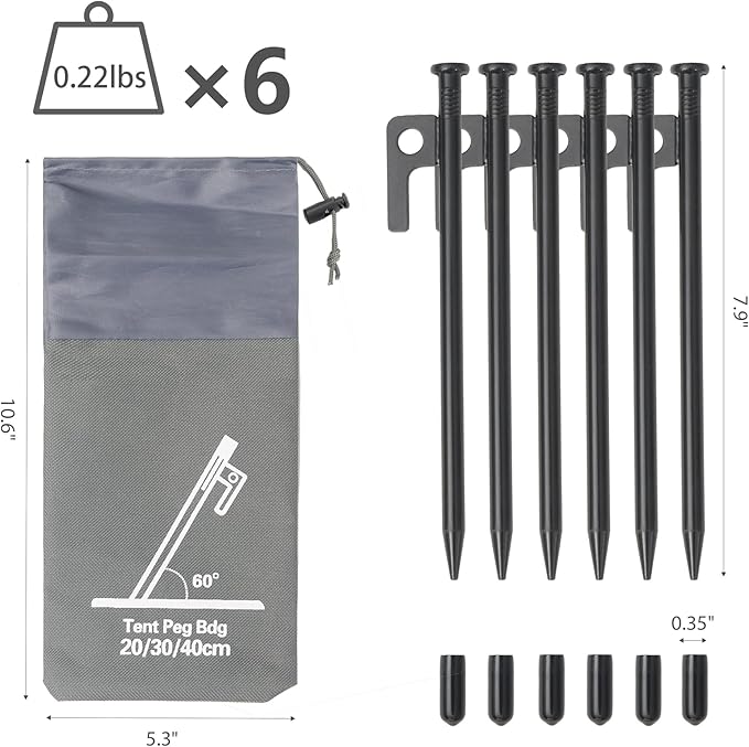 Tent Stakes Metal Tent Pegs Heavy Duty Stakes Ground Stakes Tent Spikes for Camping Hiking with 6PCS (Black-20cm)