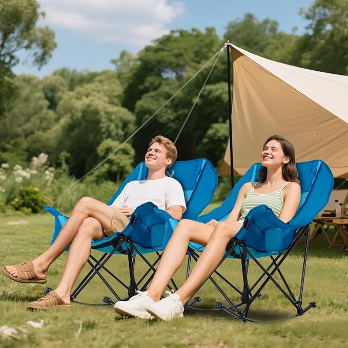 Oversized Rocking Camping Chair for Adults - Padded Recliner Rocker - Folding Lawn Chair with Cooler Bag and Pockets - Portable Rocker Chair Outdoor for Camp Patio Backyard