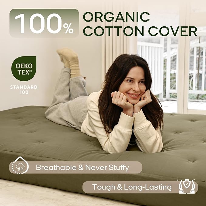 ZonLi Japanese Floor Futon Mattress Full Size 54"x75"100% Cotton Cover 6''Thicken Tatami Mattress,Foldable Sleeping Pad,Portable Dormitory Tatami Mat,Roll Up Floor Lounger Bed for Adult (Winter Moss)
