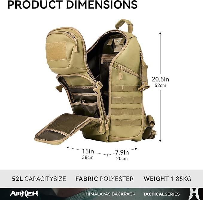 52L Tactical Backpack - 1050D 72 Hour Bug Out, 17" Laptop Compartment, Helmet Pocket and MOLLE for Survival Emergency (Tan)
