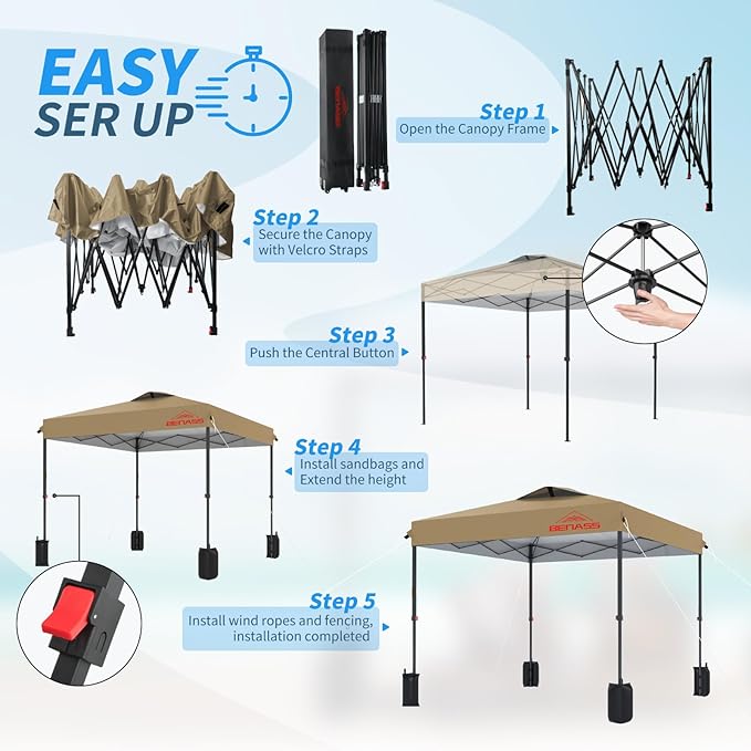 10x10 Pop Up Canopy, Easy Up Canopy Tent, Heavy Duty Tents for Parties, One Person Set Up Event Tent, Khaki