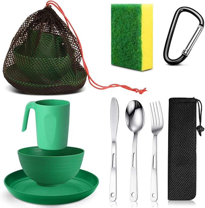 Scout Camping Mess Kit for 1 Person Boy Scout Dishes Set Girl Scout Mess Kit with Mesh Bag Reusable Light Weight Eating Utensils Plastic Camping Cutlery Set for Travel Camp